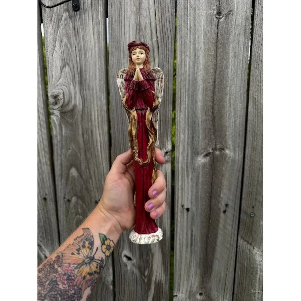 Angel Christmas Decor Figurine Burgundy Red Gold Rustic Praying Statuette